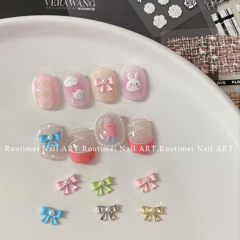 Nail Art Stickers Small Fragrant Style Black And White Plaid Bow Relief Adhesive Nail Decorations Cute Dopamine Simple - Image 4